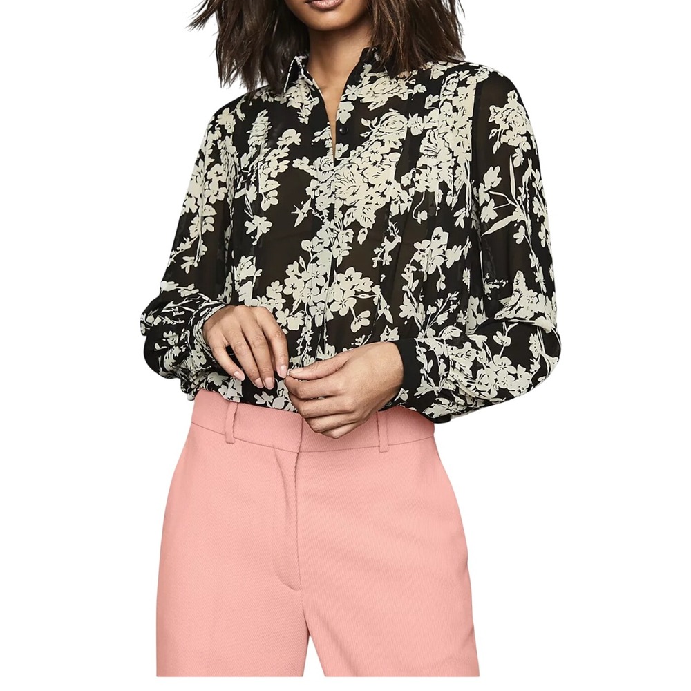 Reiss Women's Jean Black & Ecru Floral Print Long Sleeve Blouse Size 8
